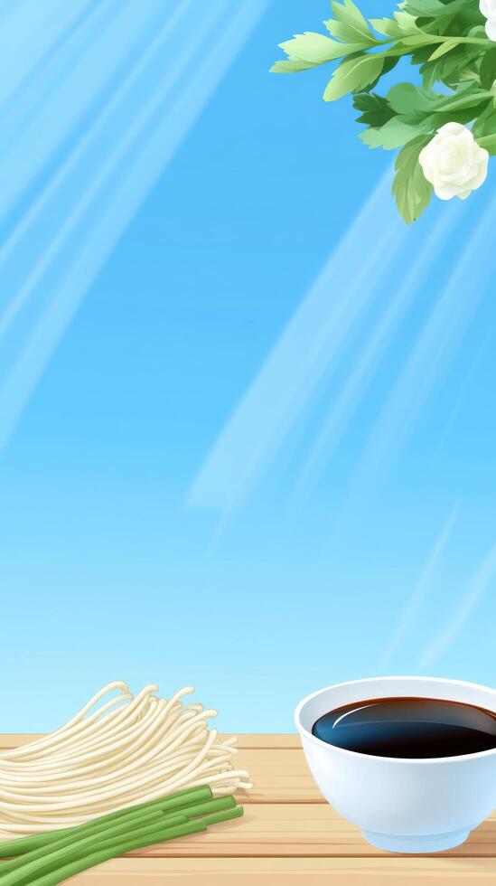 Noodles with sauce served on wooden table with blue sky backdrop can be used for food ad photo