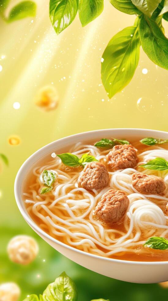 Noodles with meatballs and basil in a bowl, floating, with sunny background. Food photography use photo