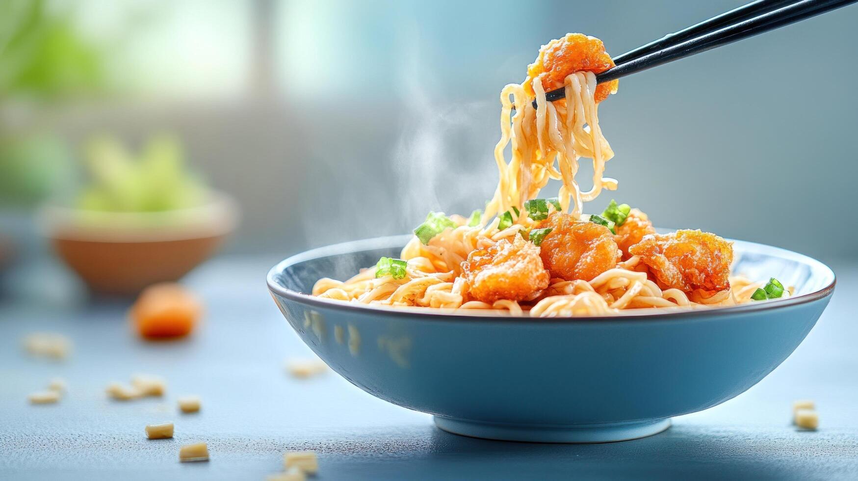 Noodles with shrimp being lifted with chopsticks in a home kitchen for a delicious meal photo