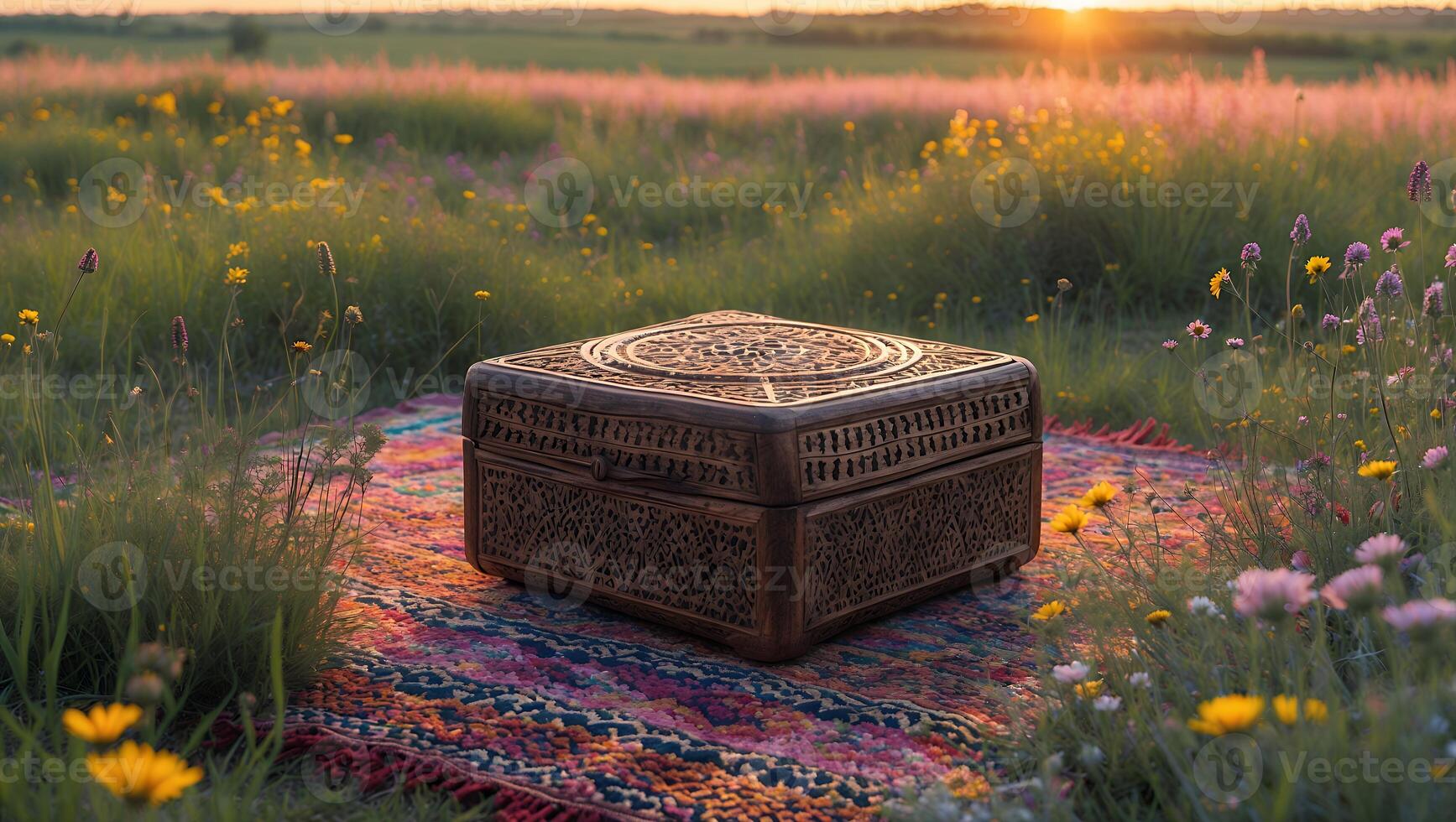 Ornate Box on Colorful Blanket in Field at Sunset Scene photo