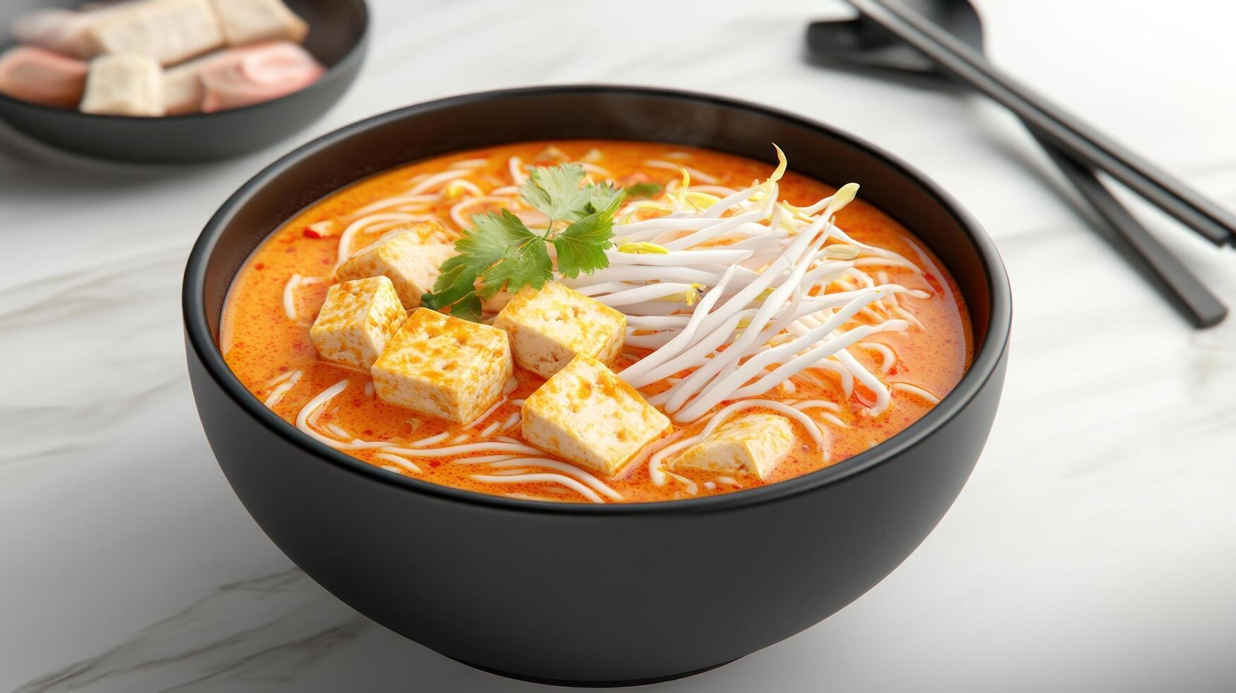 Noodles with tofu in a black bowl on marble for lunch in a restaurant with chopsticks photo