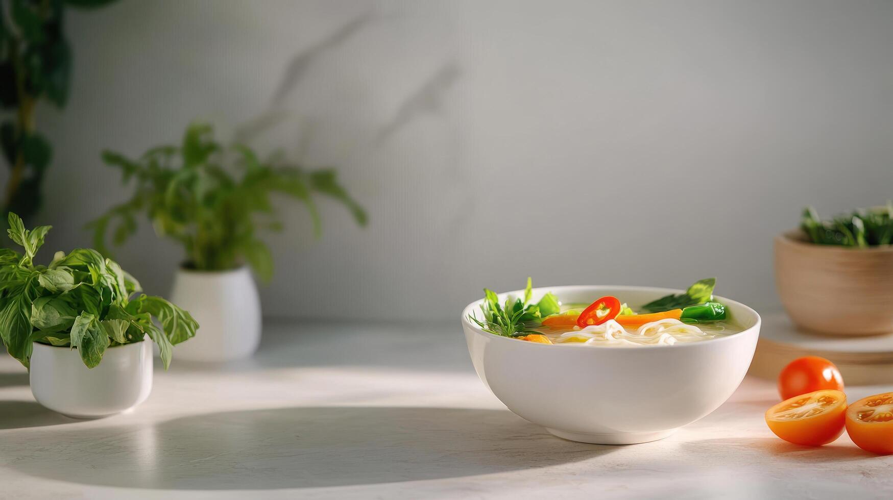 Noodles with Vegetables in Kitchen. Healthy eating, fresh food recipe, lunch prep photo