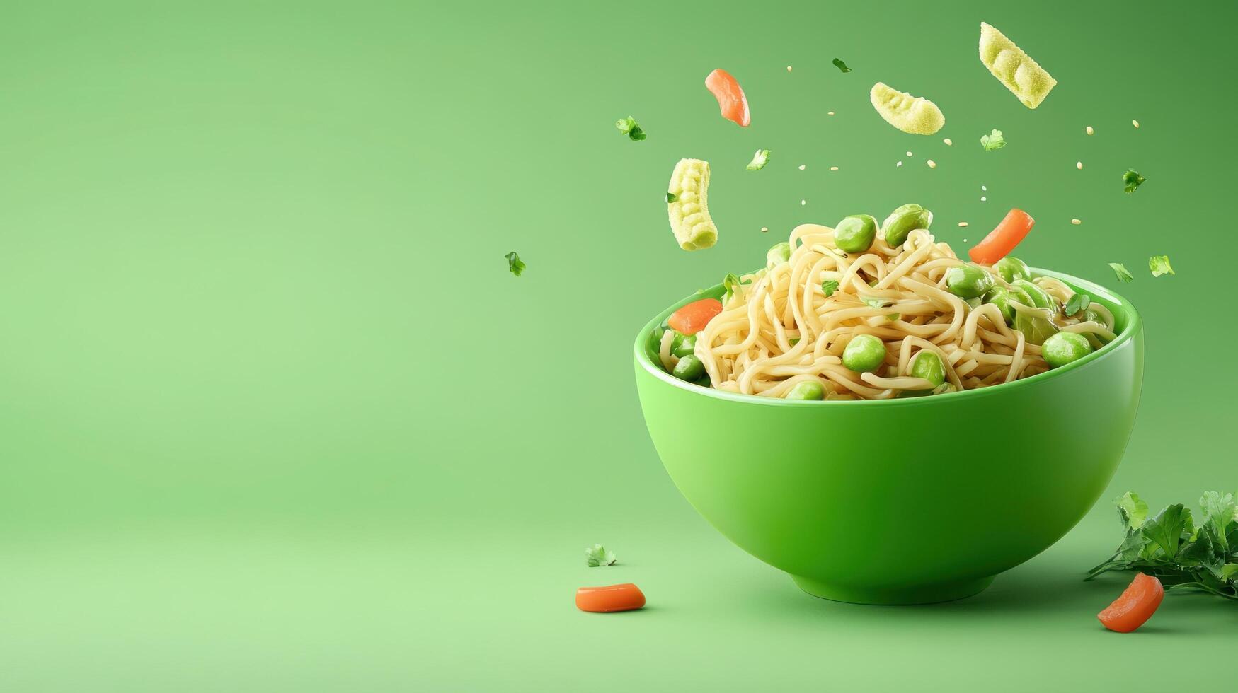 Noodles with vegetables in a green bowl, on a green background for healthy food advertising photo
