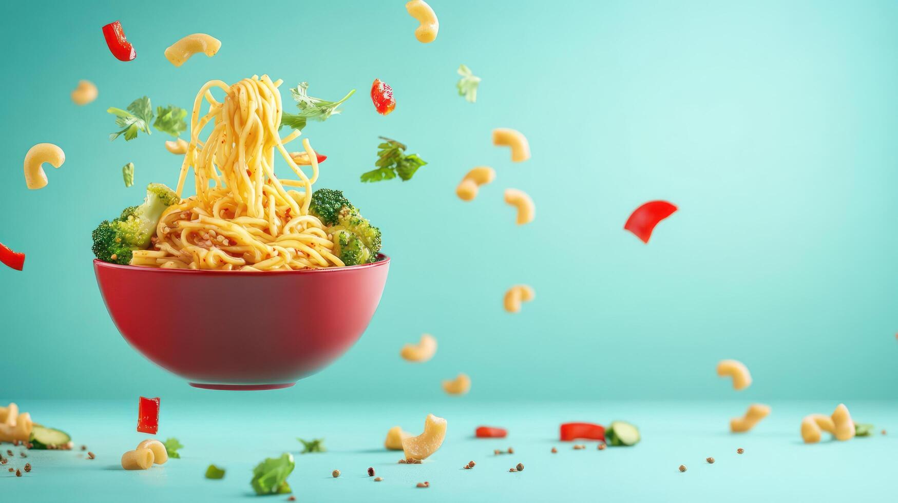 Noodles with veg in red bowl on plain backdrop with floating food for recipe or cooking tips photo