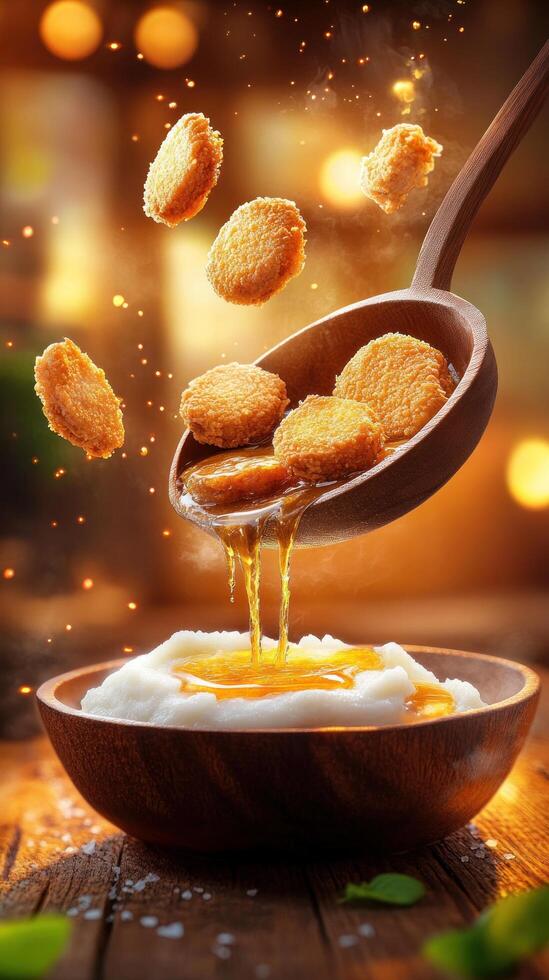 Nuggets and syrup being poured onto a bowl of mashed potatoes on a wooden table, indoors photo