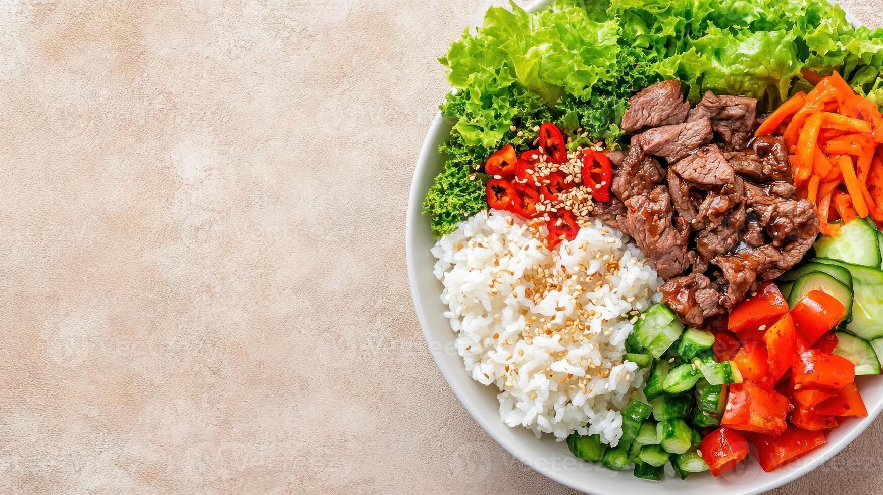 Nutritious bowl with meat and vegetables on a table. For healthy eating or recipe blogs photo