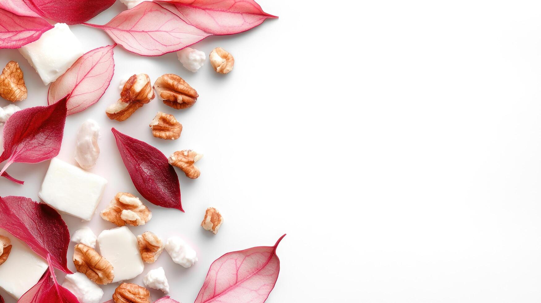 Nuts, sweets, and red autumn leaves flat lay for seasonal greetings, recipes, or product promotion photo