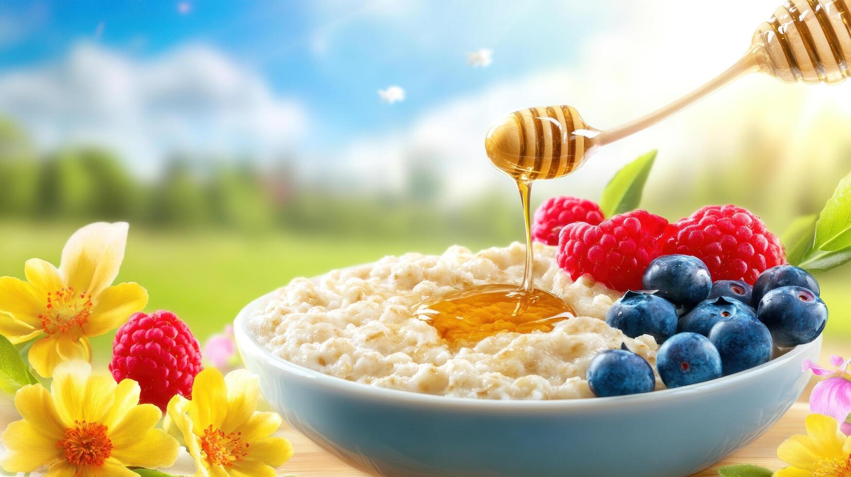 Oatmeal with berries, drizzled honey on the table with floral decoration under blue sky, for healthy eating photo