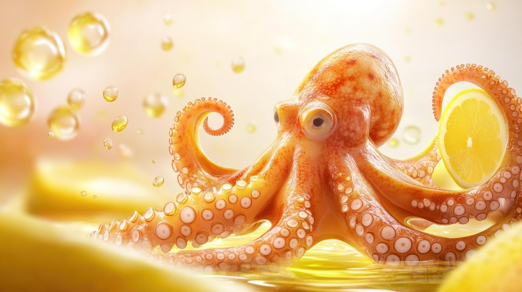 Octopus on lemonade slices in water with bubbles. Food illustration for drink ads photo