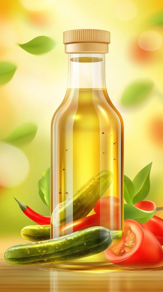 Oil bottle with pickles and tomatoes, on wooden surface, with green leaves, in a blurred background photo