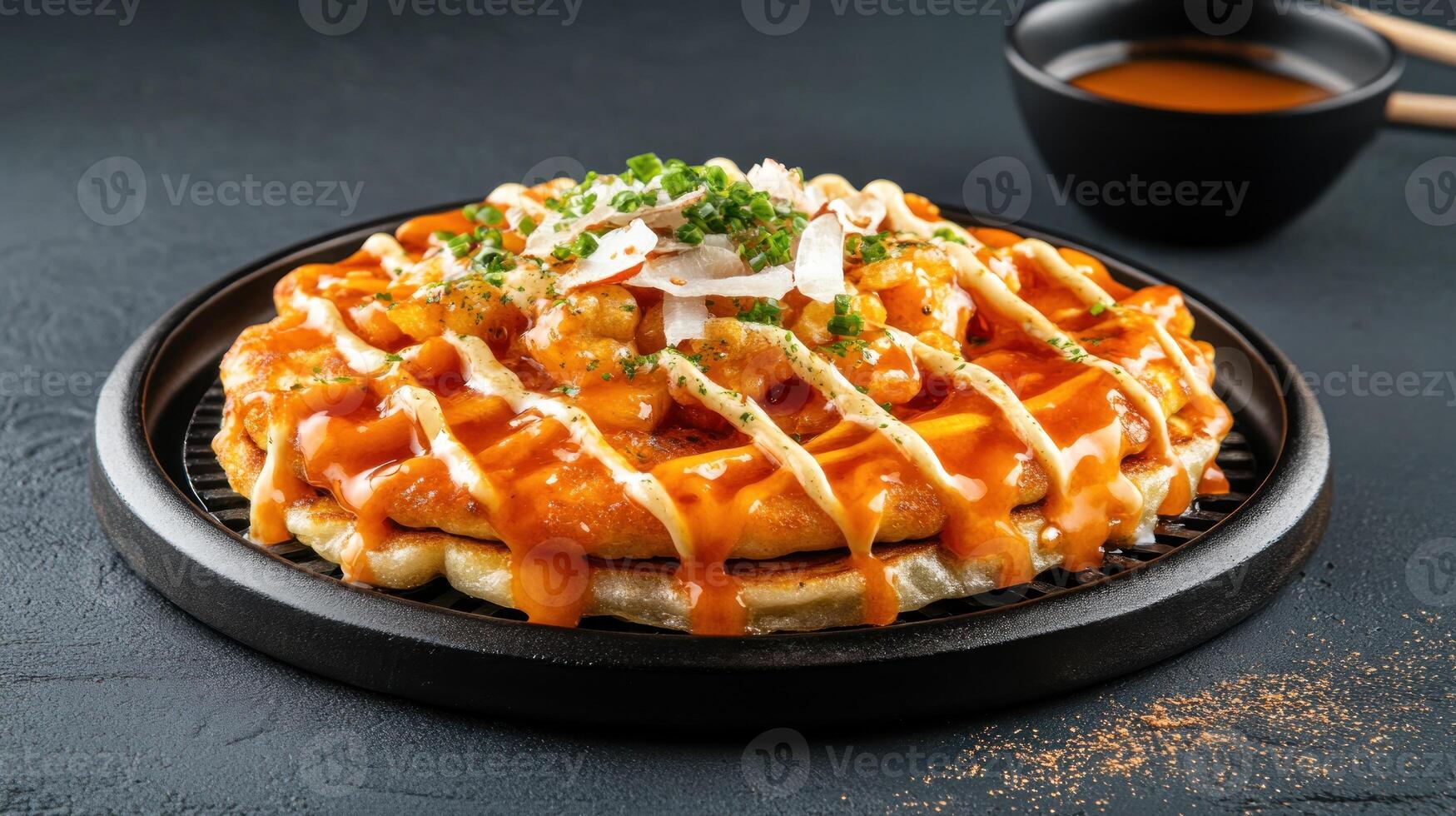 Okonomiyaki dish cooked with toppings, served, ready to eat. Background Dark, restaurant-style setting photo