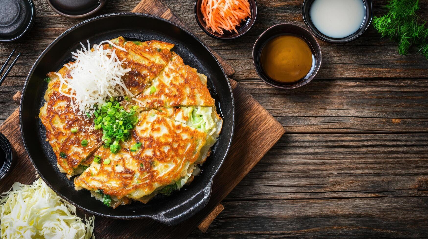 Okonomiyaki dish served in pan, garnish on a wood table, for restaurant menu, and food blog photo