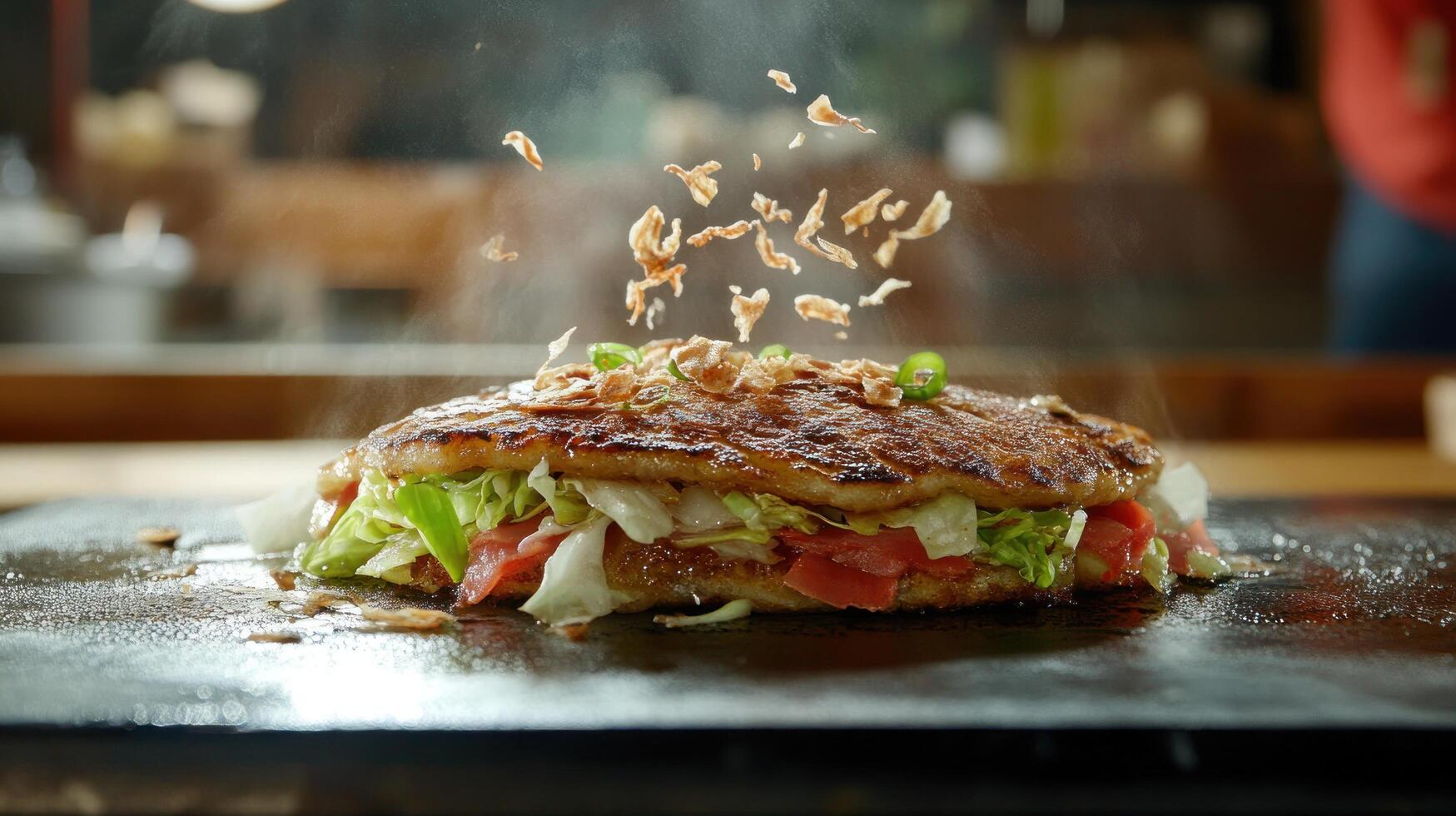 Okonomiyaki being cooked on griddle, with topping flying in the air for a food blog, advertisement photo