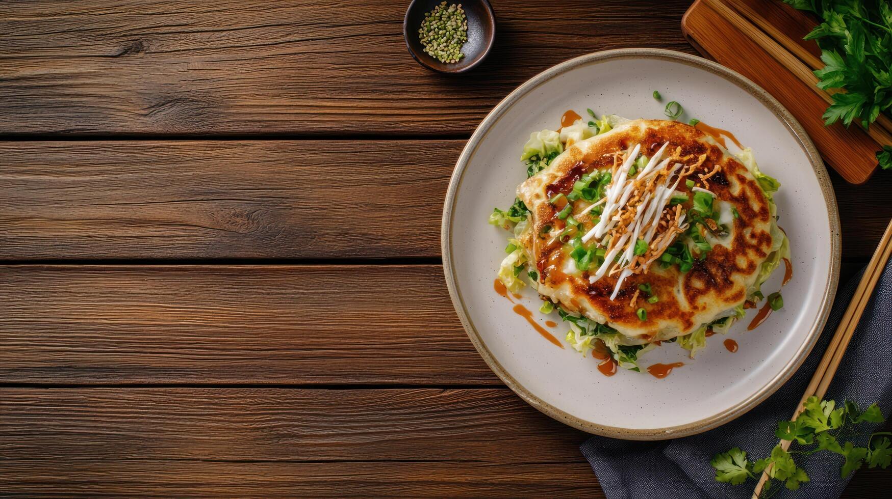Okonomiyaki dish served with garnish on plate, set on wooden table with chop sticks in background photo