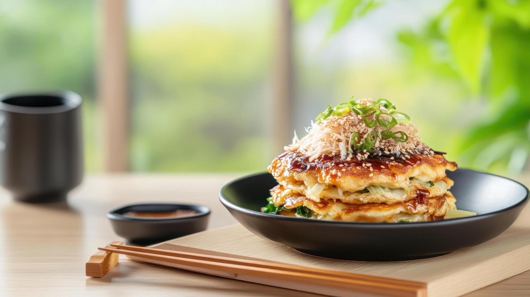 Okonomiyaki on a plate in front of a window surrounded by green, served on a table for eating photo