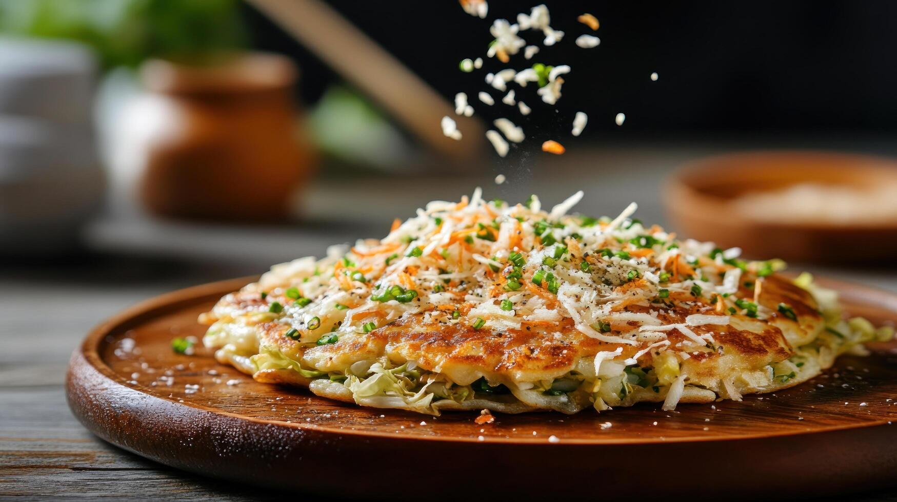 Okonomiyaki Grated Cheese being Added on Savory Pancake. Use in food blog and restaurant websites photo