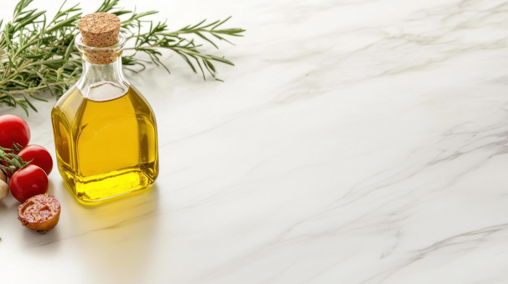 Oil on marble table with herbs and tomatoes for culinary use photo