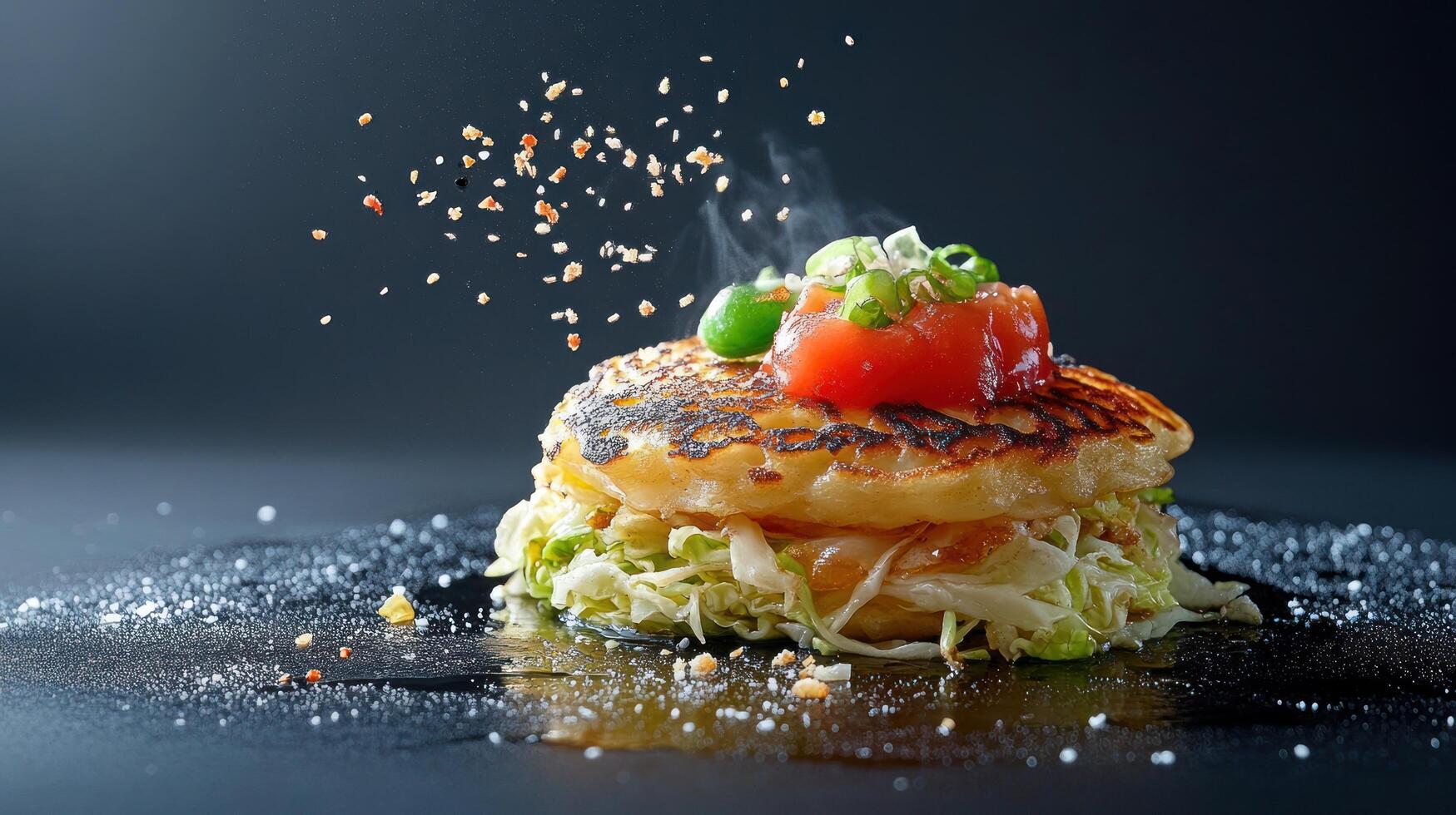 Okonomiyaki dish with toppings, steaming, for food blog use, on dark background, sprinkle garnish photo