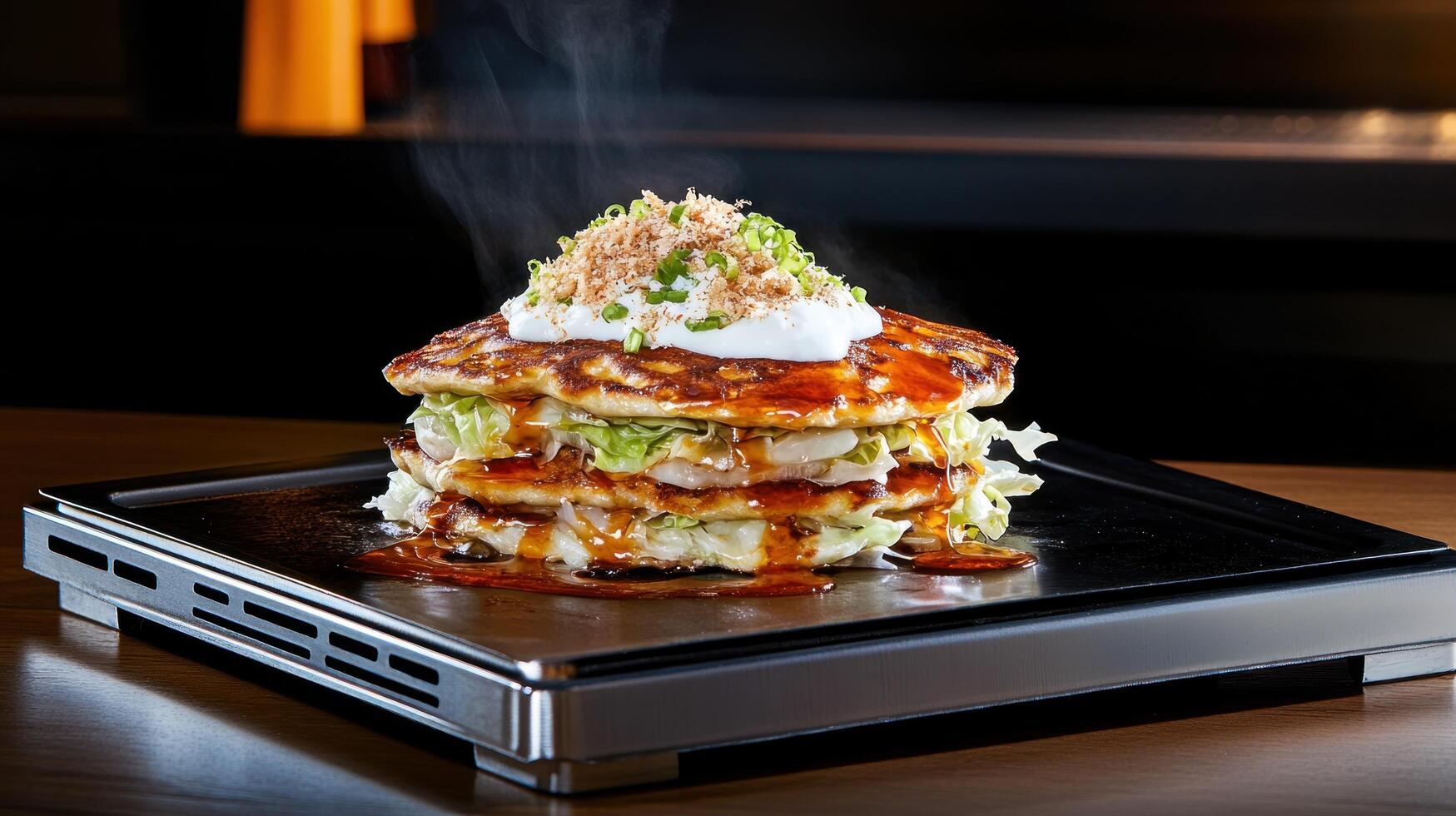 Okonomiyaki stack on griddle, topped with bonito flakes, steam rises dark background. Food photography photo
