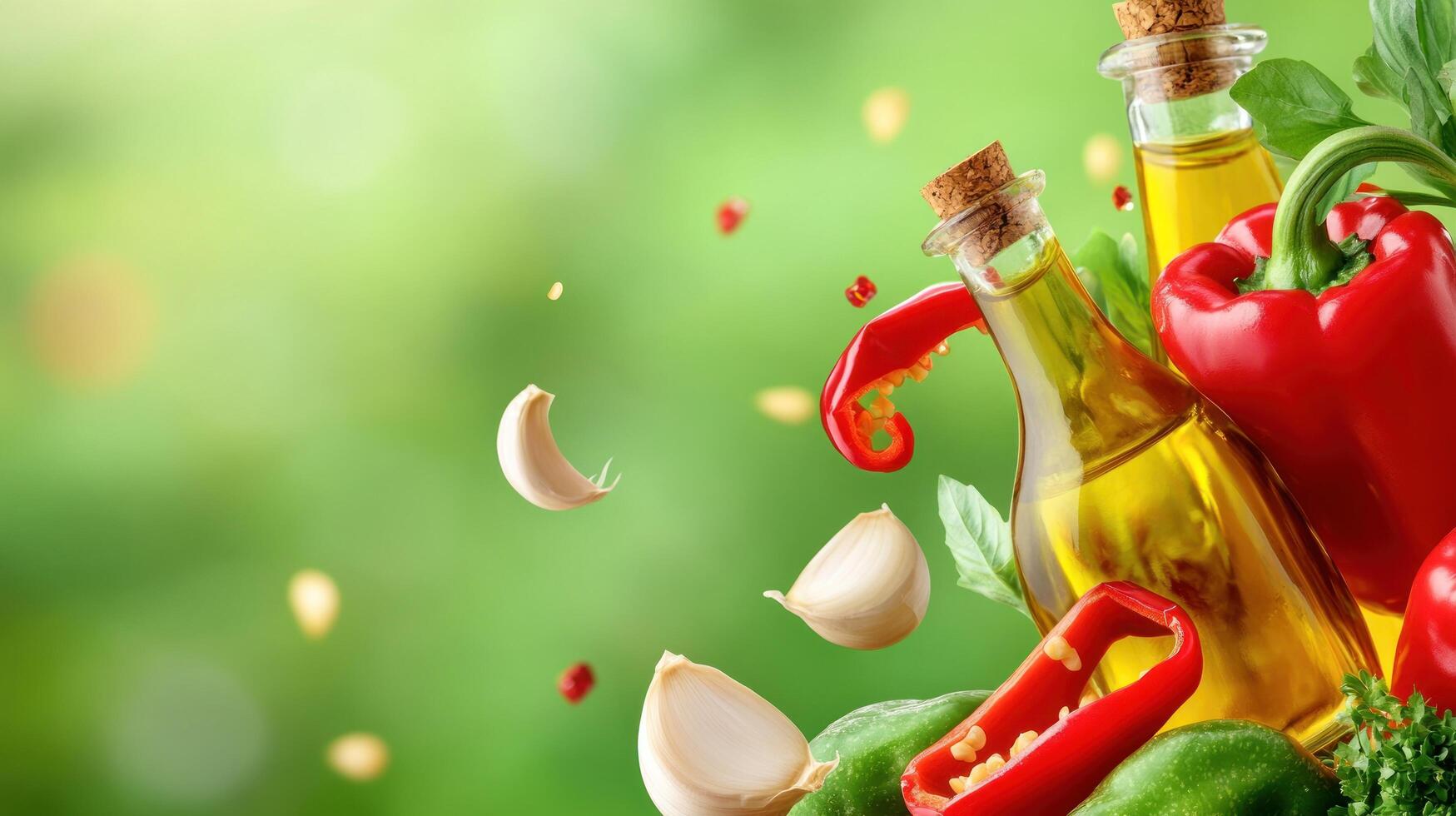 Olive oil and colorful vegetables falling for recipe preparation on green garden background photo