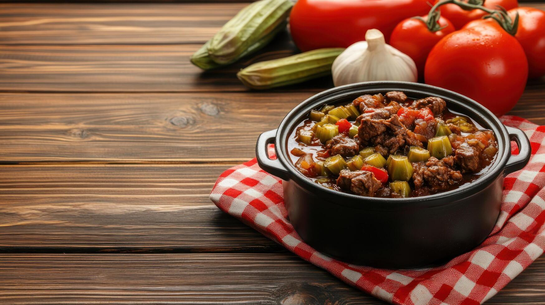 Okra beef stew on red plaid napkin with tomatoes and garlic on a wooden table, for blog photo