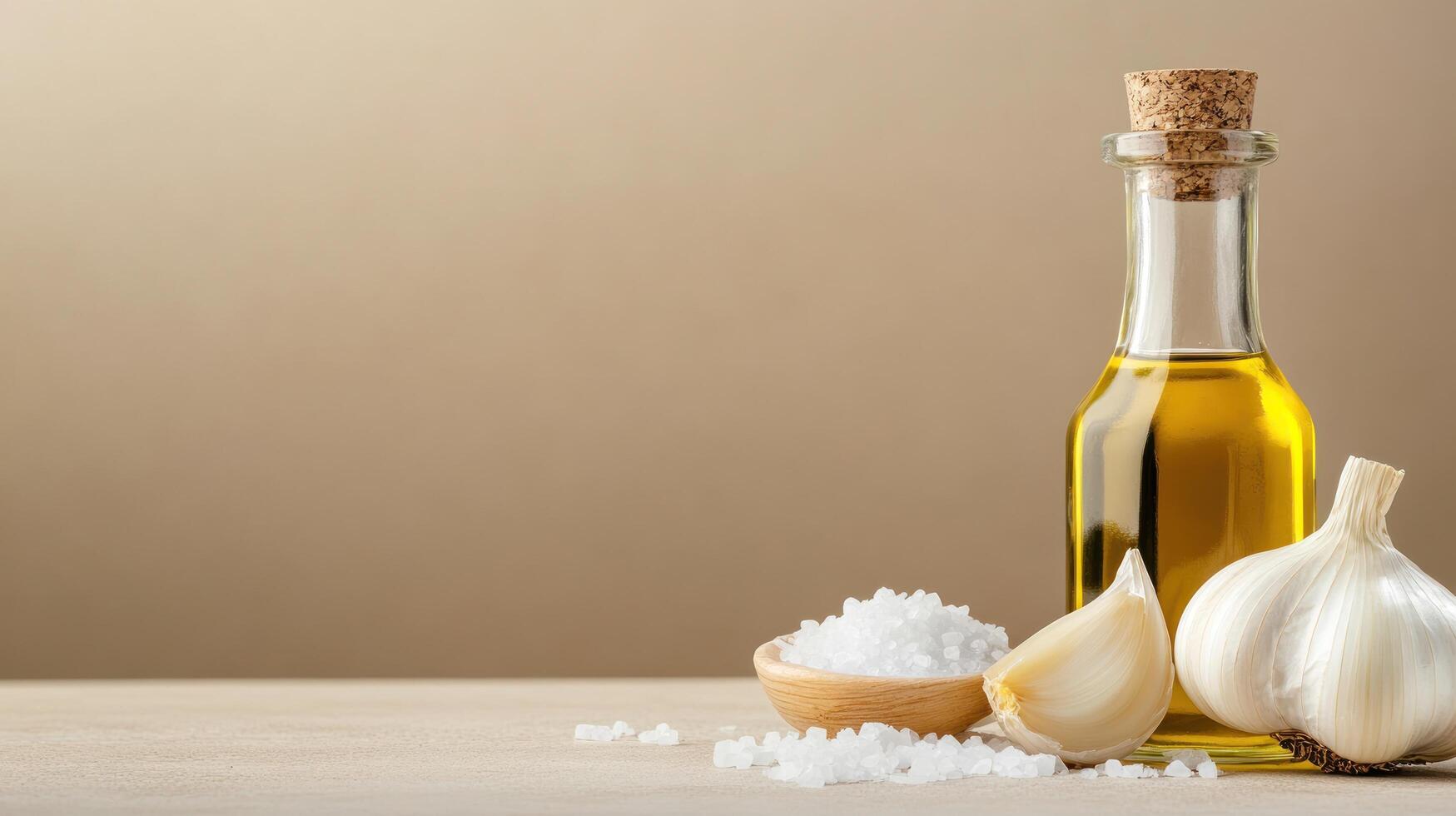 Olive oil with garlic and salt on counter, a simple, rustic kitchen still life, for cooking photo