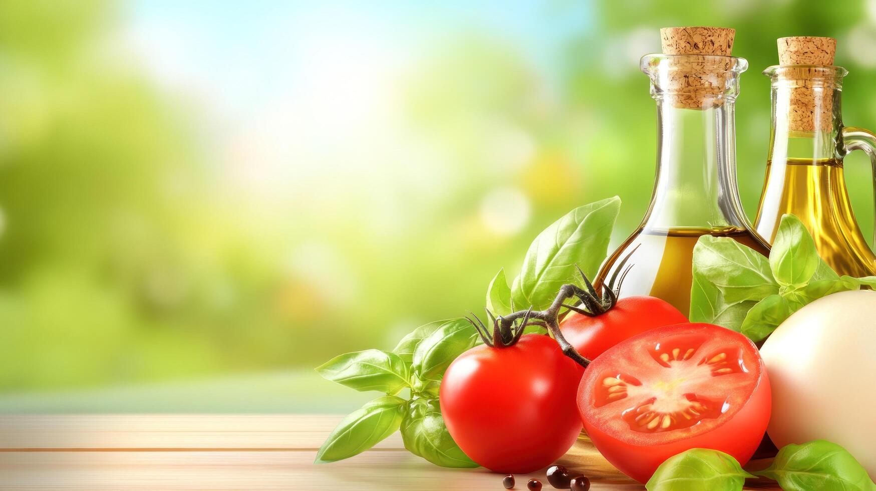 Olive oil bottles with tomatoes and basil leaves on a table with green blurred background. For cooking usage photo