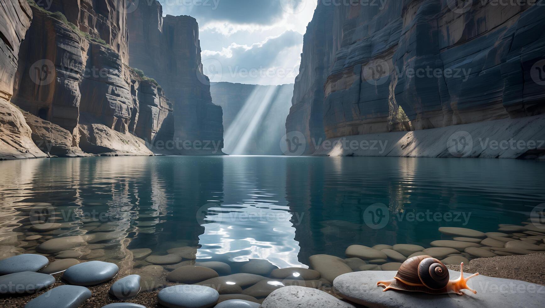 Snail Crawling on Rock Near Calm Water Surrounded by Cliffs photo