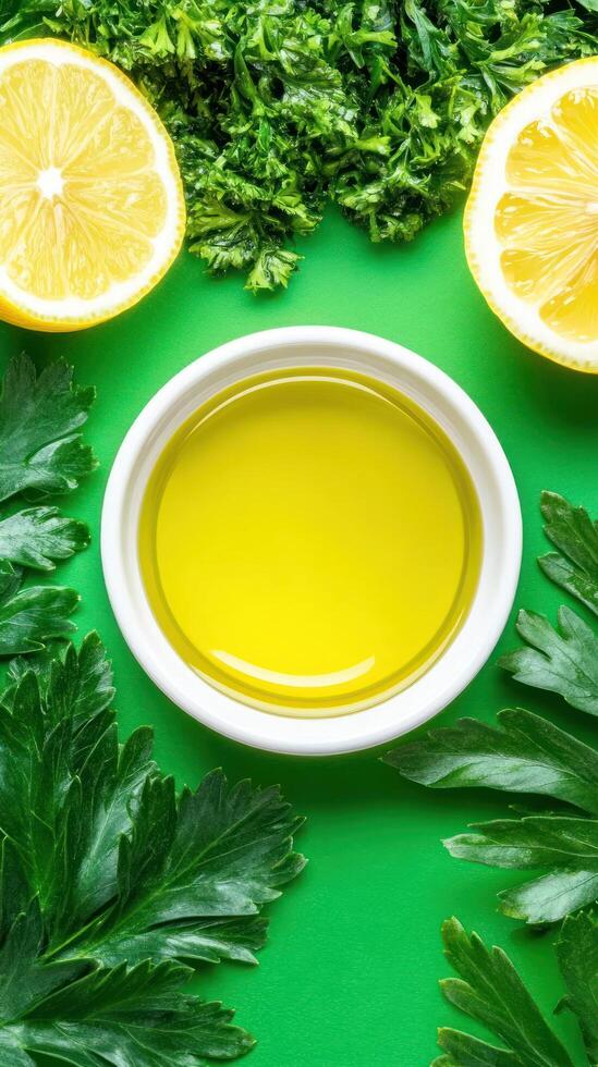 Olive oil in bowl with lemon parsley on green background for cooking or culinary use photo