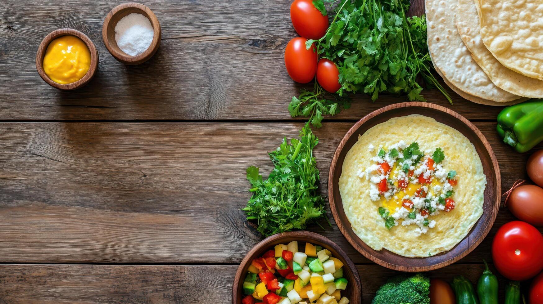Omelet on wooden table with vegetables and eggs for a healthy breakfast meal recipe blog photo
