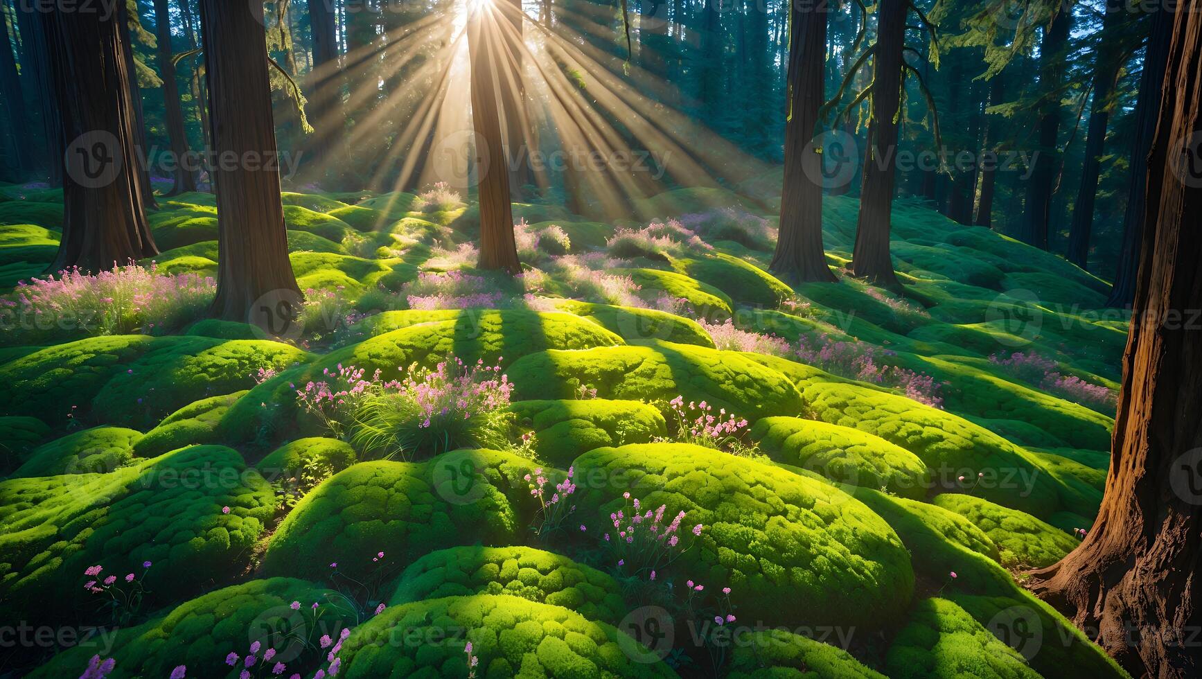 Sun Rays Shining Through Forest Canopy Illuminating Moss Covered Ground photo