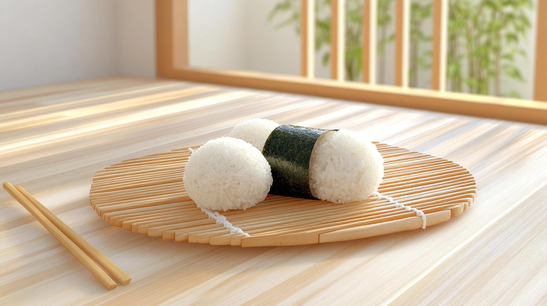 Onigiri rice balls with seaweed on a tray, served on a sunny deck, with a bamboo background photo