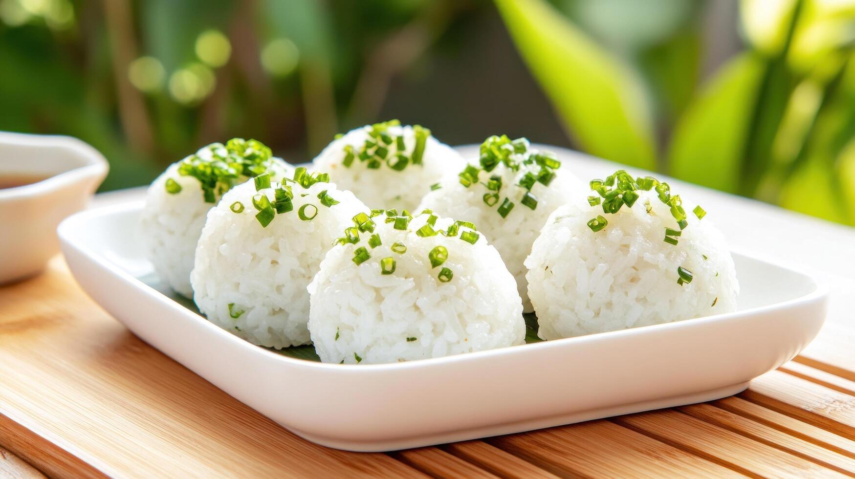 Onigiri rice balls on plate with soy sauce and green herbs with foliage background. Food photography photo
