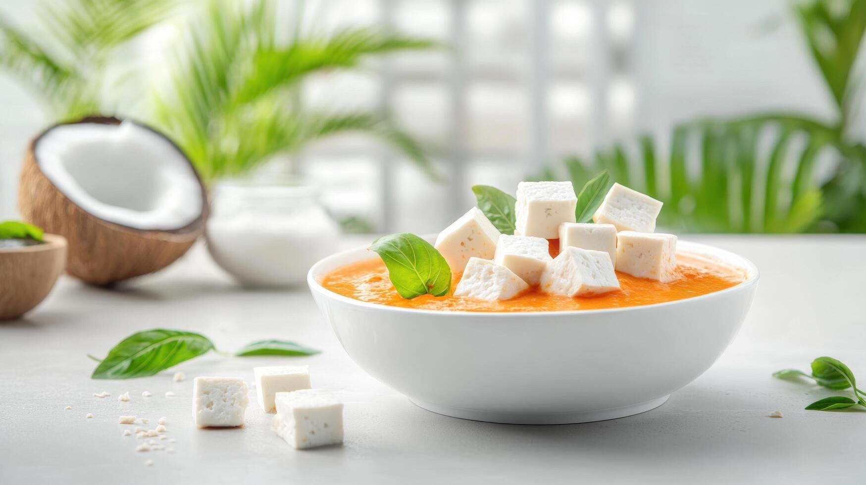 Orange soup with tofu basil, in a white bowl. Background plants. For healthy food blog use photo