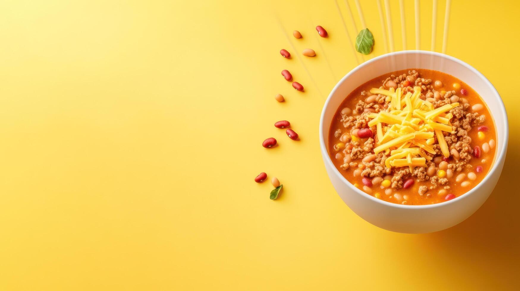 Overhead close-up shot of delicious chilli topped with cheese served in bowl, yellow background, for recipe book photo