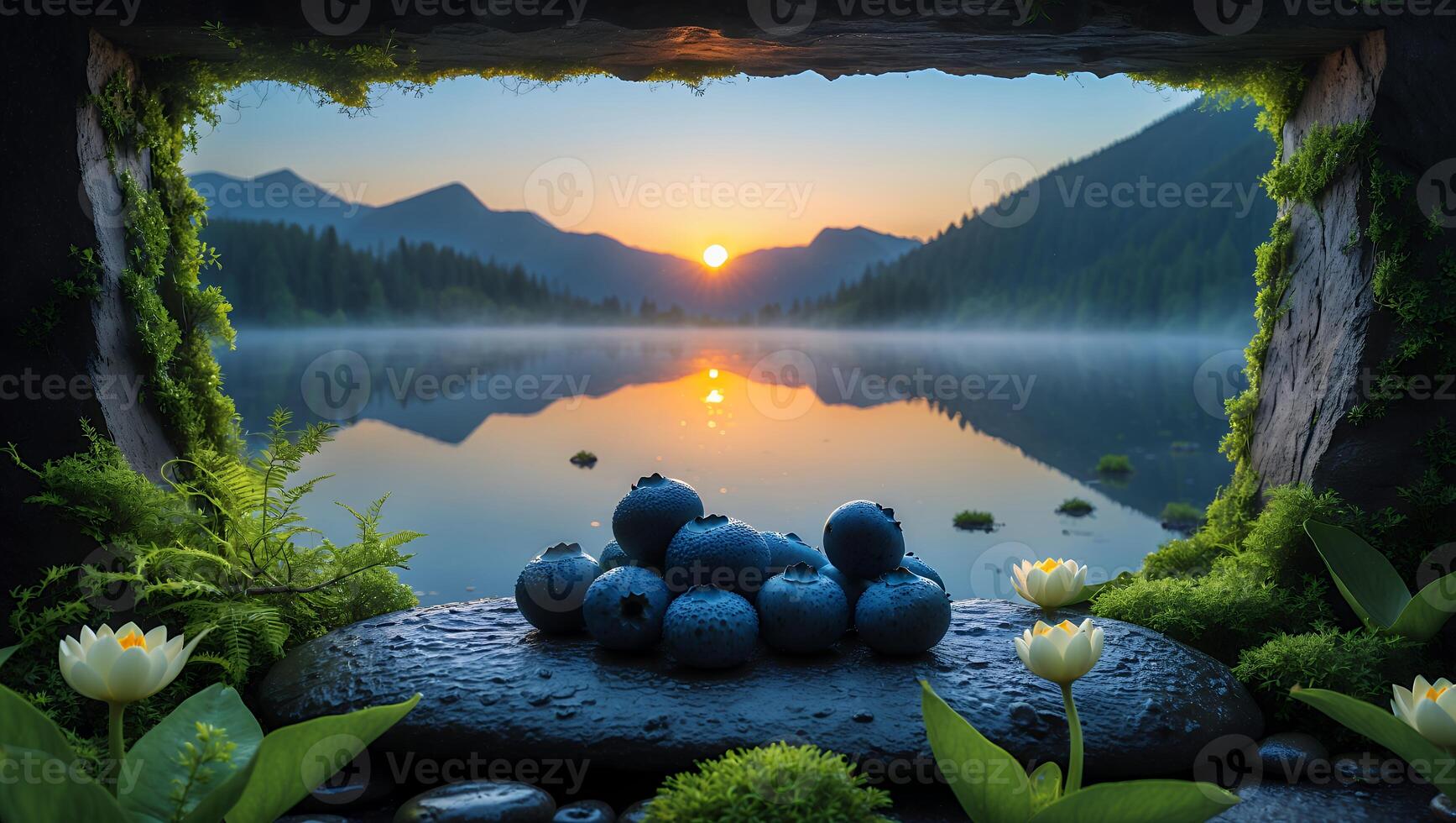 Blueberries on Stone Overlooking Serene Lake and Mountain Landscape at Sunrise photo