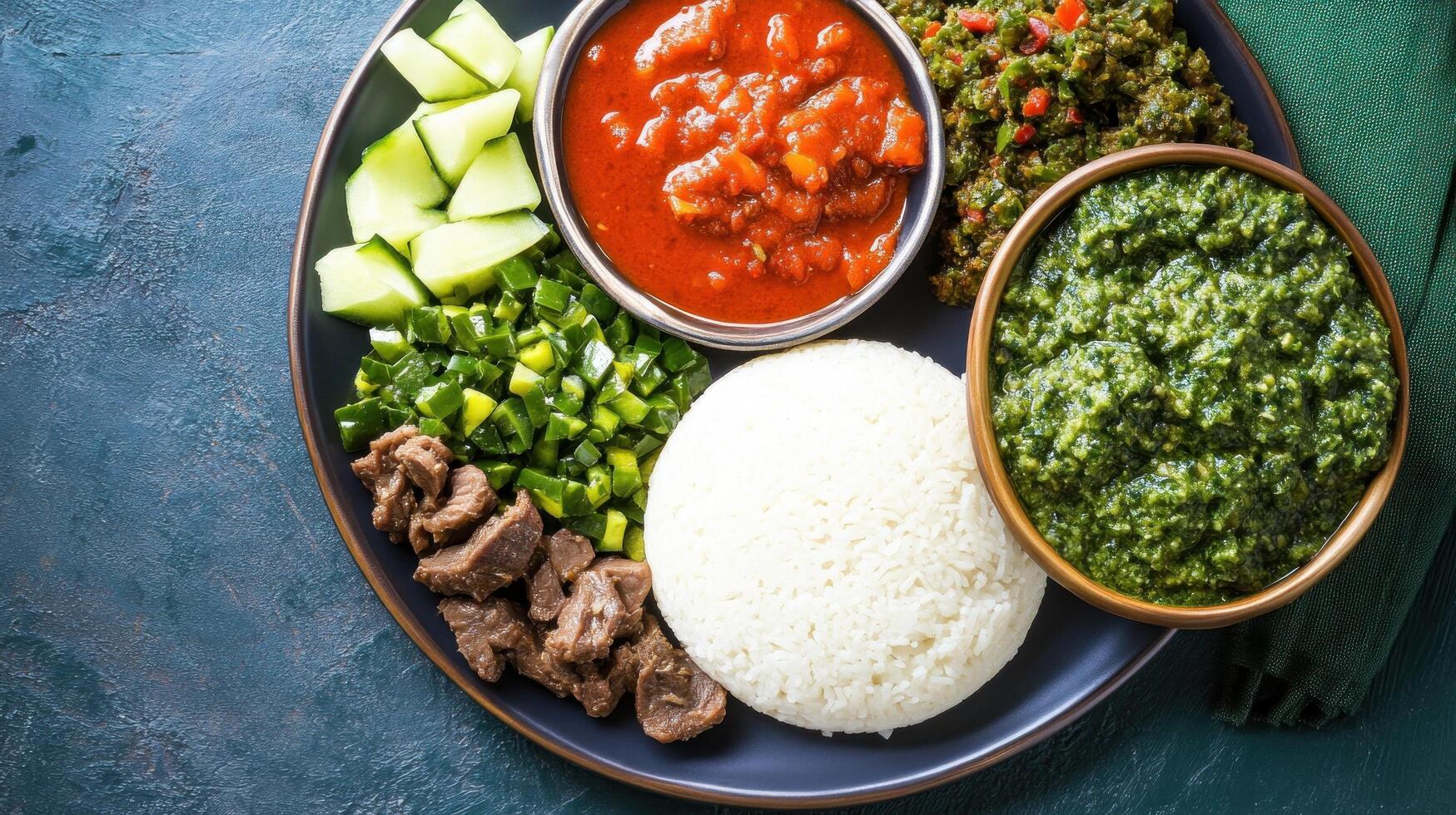 Overhead shot of a diverse meal with rice, meat, vegetables on a dark plate in a kitchen photo