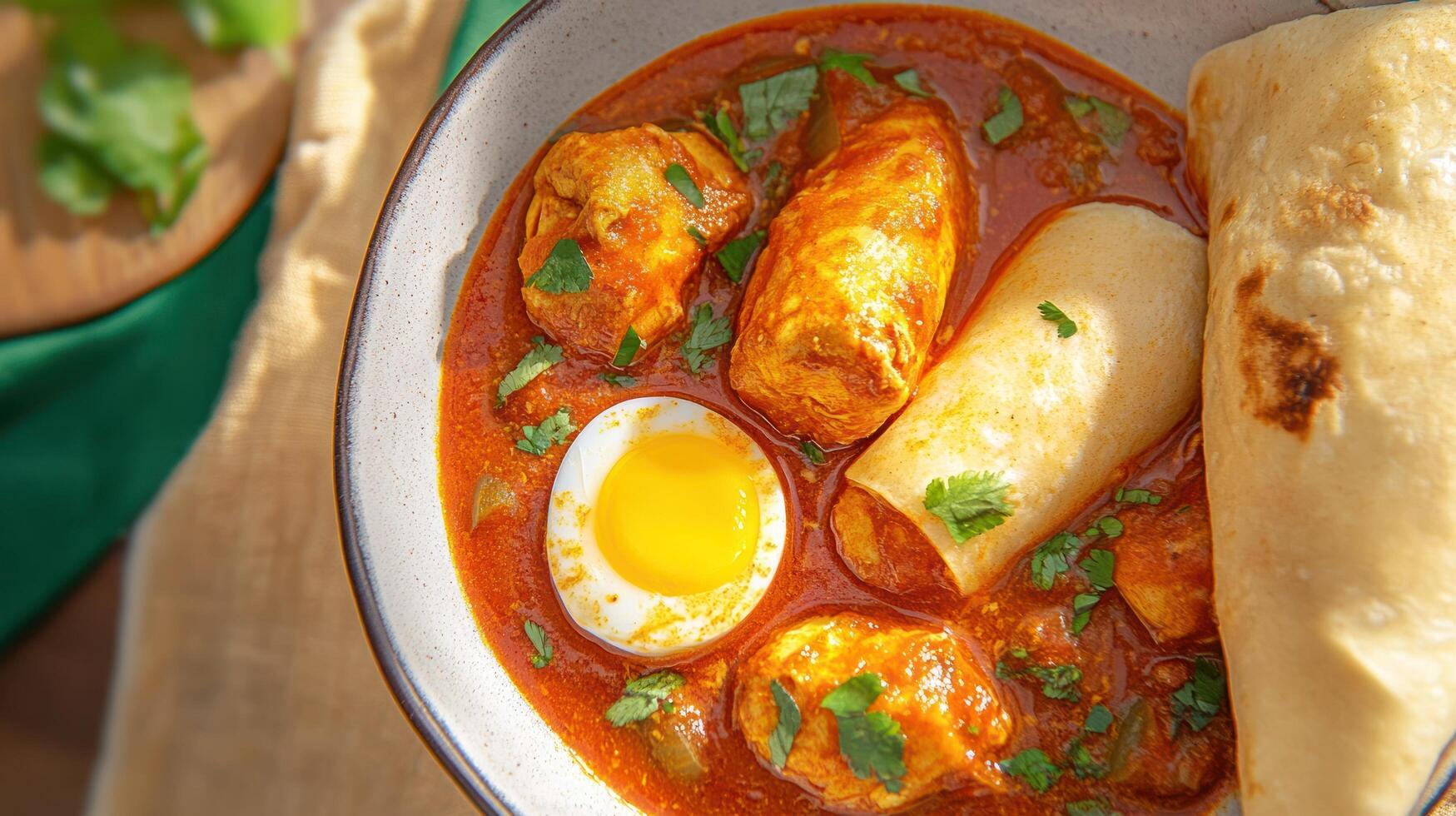 Overhead close up of egg curry in bowl with bread ready to eat for lunch or dinner at home photo