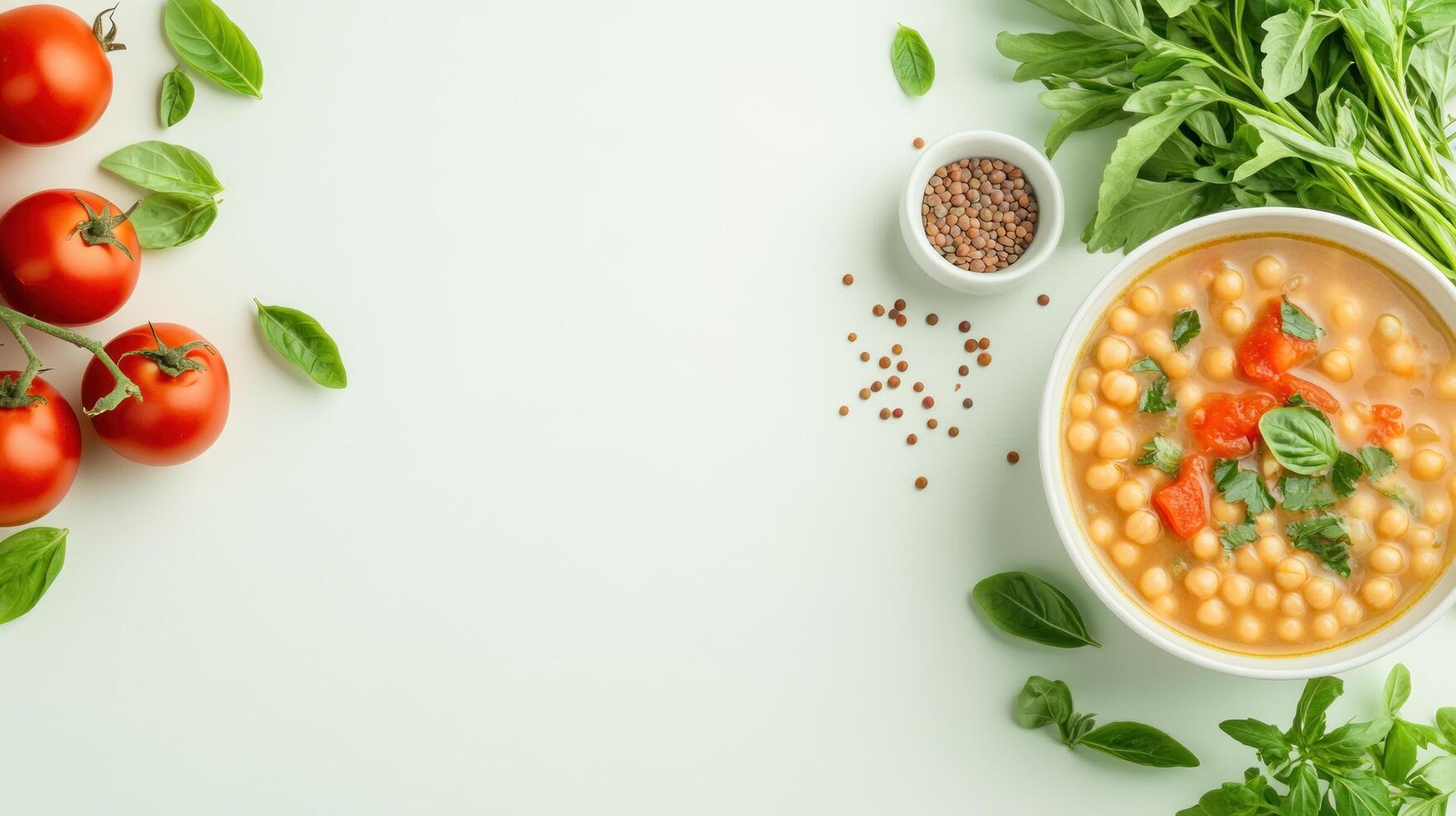Overhead shot of chickpea soup with tomatoes, basil, and lentils, cooking at home, food blog photo