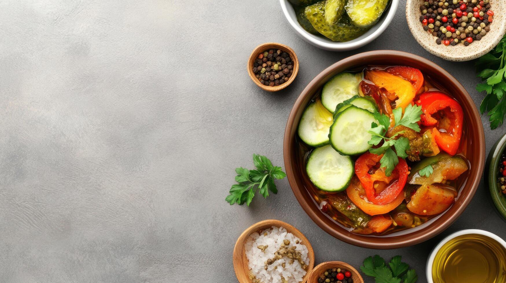 Overhead shot of a bowl of pickled vegetables on table, for cooking blog restaurants photo