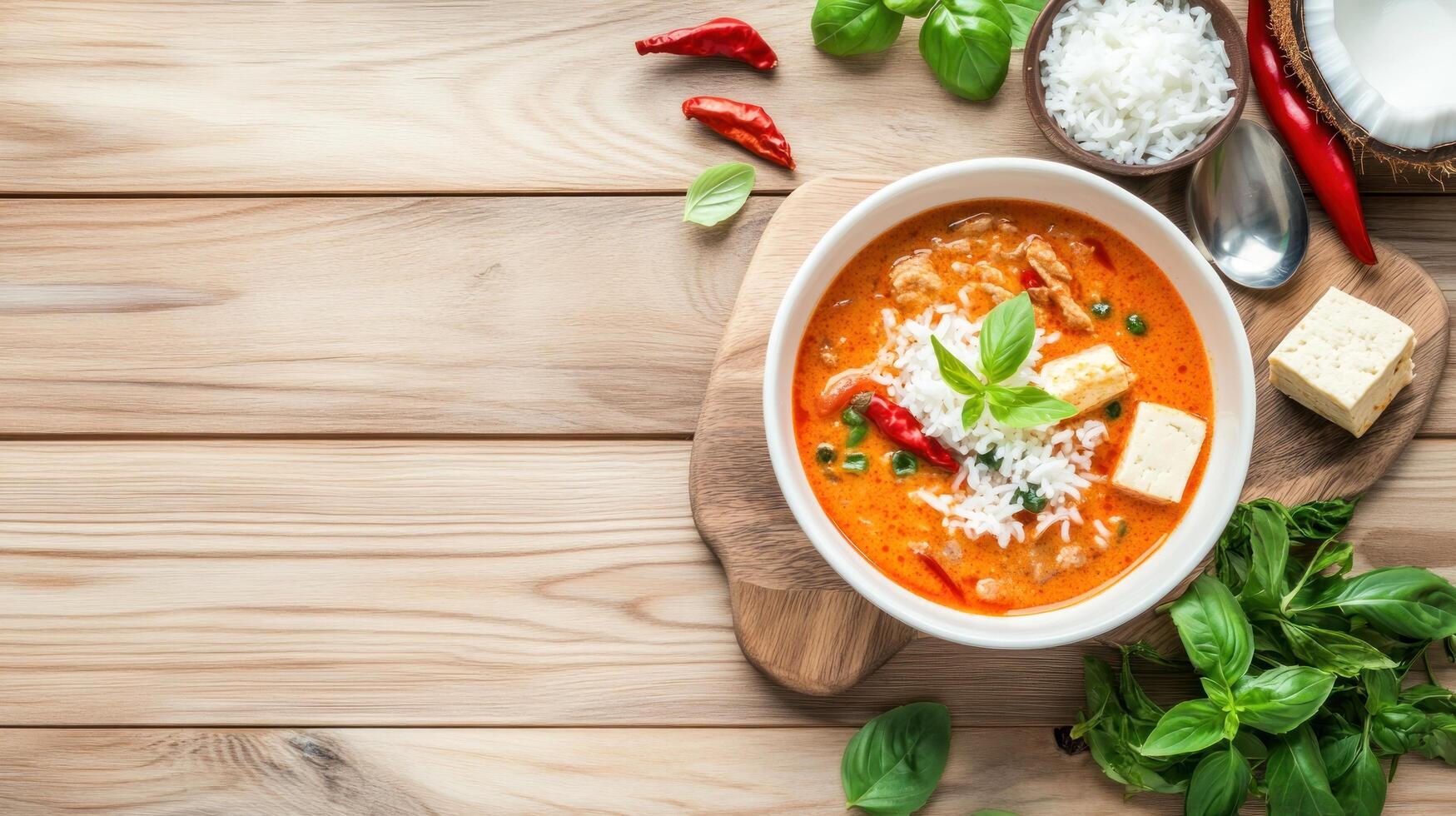 Overhead shot Delicious Thai red curry with tofu and rice on wooden surface, basil around photo