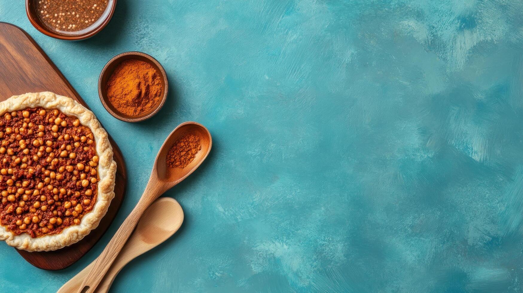 Overhead shot of a savory chickpea pie on a wooden board, with spices on a blue background photo