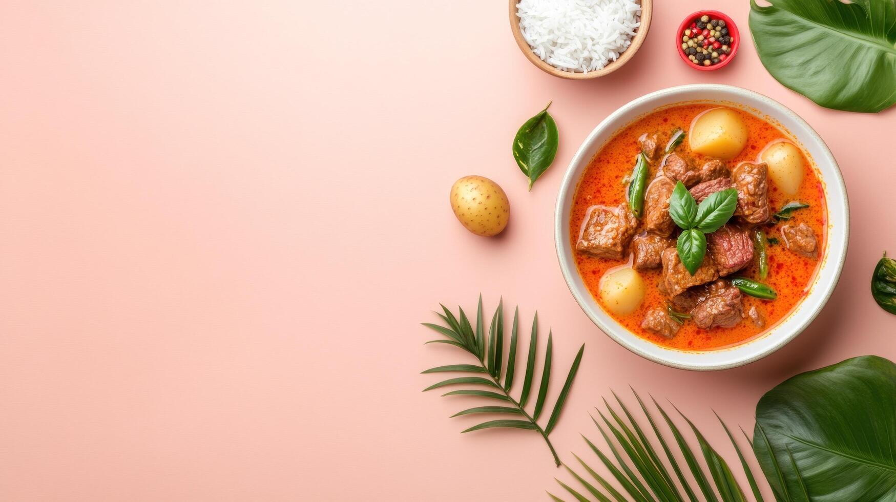 Overhead shot of curry on table with rice, and spices to promote restaurants, food blogs and recipes photo