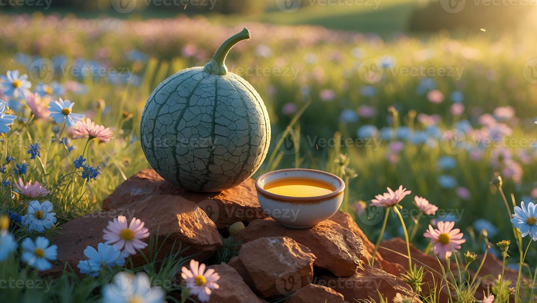 Cantaloupe Melon and Golden Liquid in Bowl on Rocks in Meadow photo