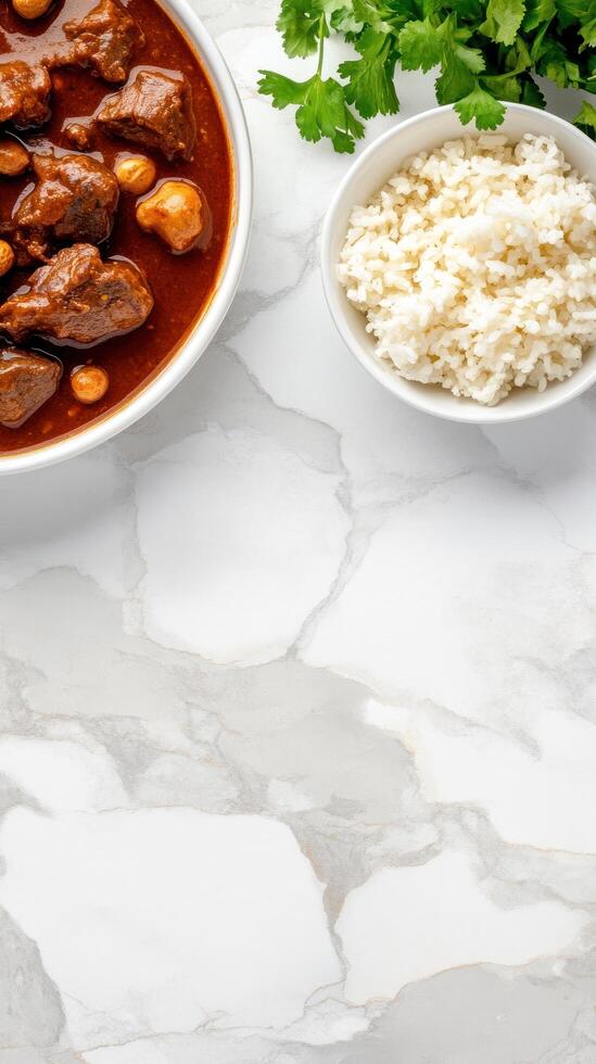 Overhead shot. Beef stew with chickpeas, rice, and parsley on a marble surface, suitable for food blogs photo
