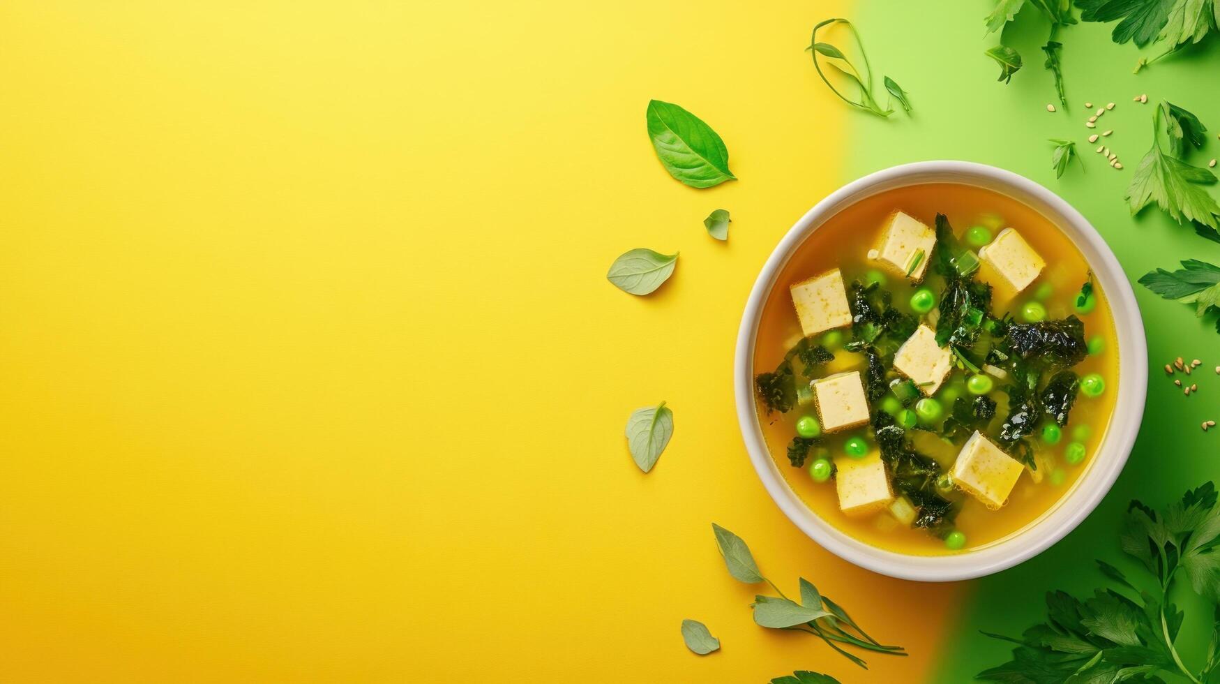 Overhead shot of miso soup with tofu, peas, and seaweed on colorful split backdrop for a food blog photo