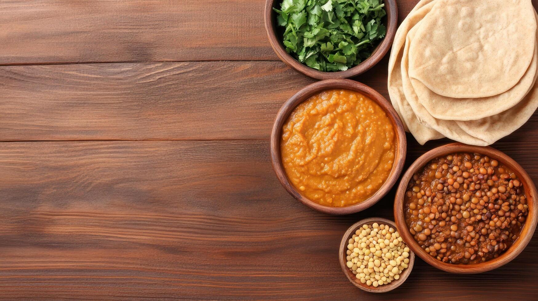 Overhead shot of Indian vegetarian food on a wooden table for use in blogs photo