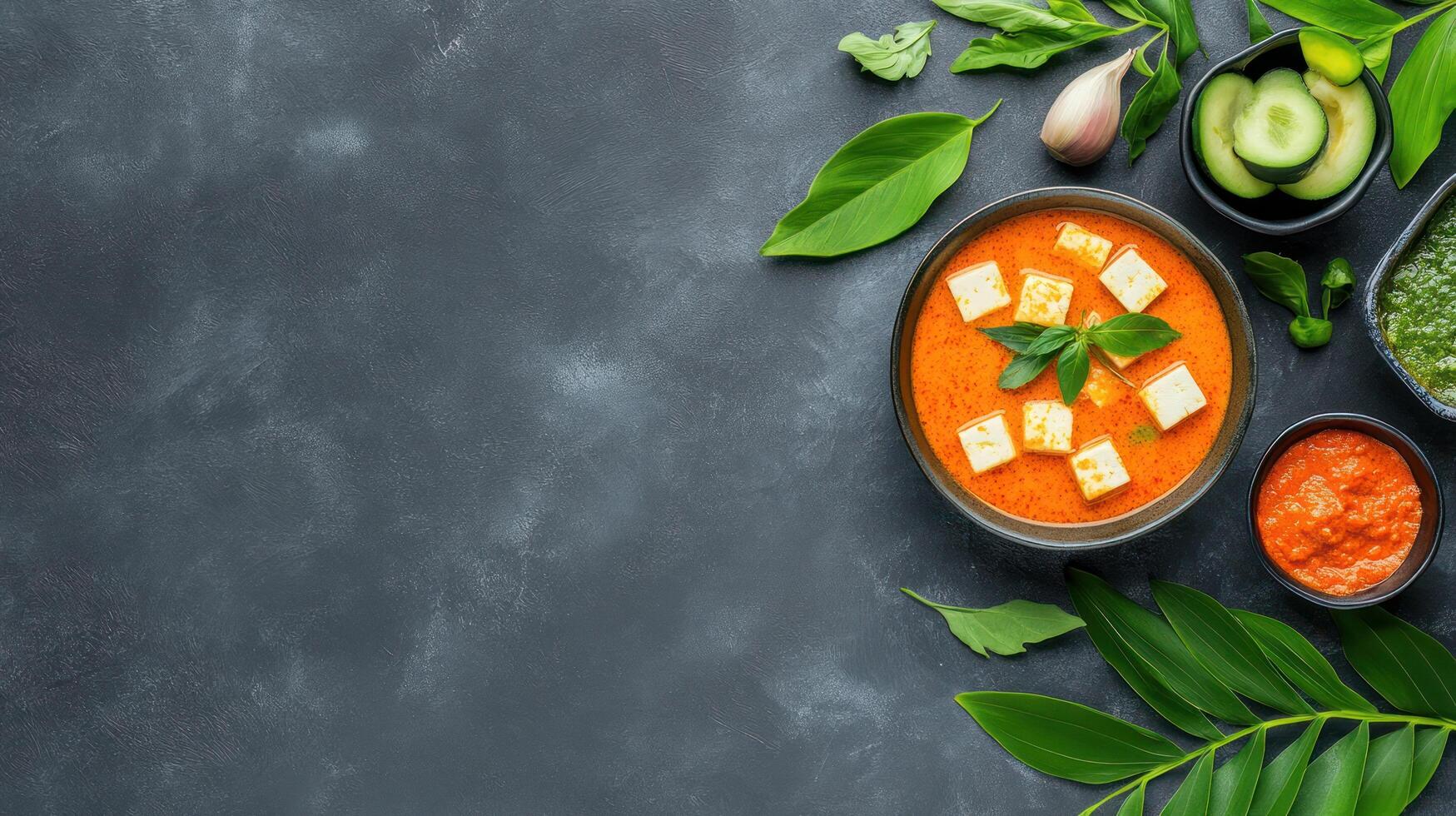 Overhead shot of paneer butter masala with herbs in bowls on a dark background photo