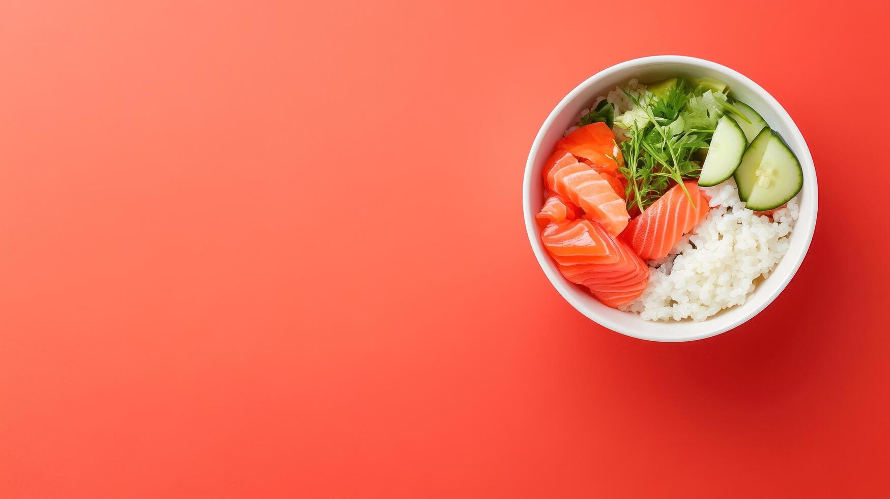Overhead shot of salmon poke bowl with rice, cucumbers, greens on red. Food blog or website photo