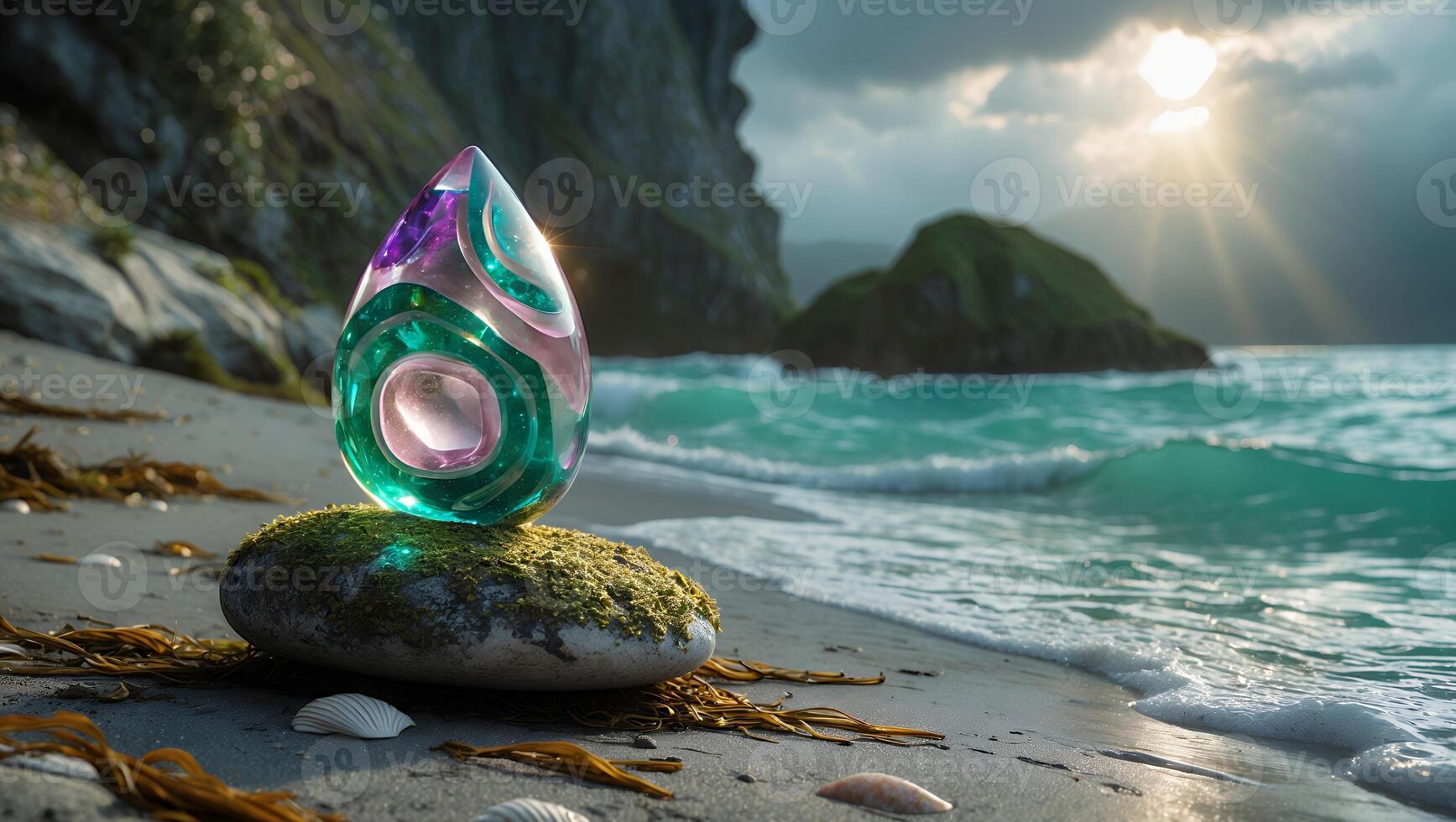 Glass Drop on Mossy Stone by Beach with Ocean and Mountains photo